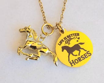 May include: Gold necklace with a horse charm and a round pendant that says "Life is better with horses".