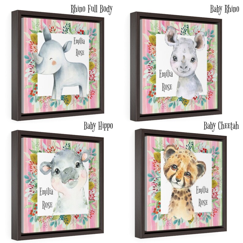 Giraffe Baby Shower Gift Lion Zebra Elephant Safari Animals Personalized Baby Girl Nursery Framed Canvas Art Print Hippo Daughter