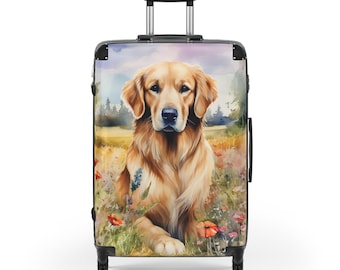 Golden Retriever in Floral Field Carryon, Medium or Large Luggage, Children's Luggage