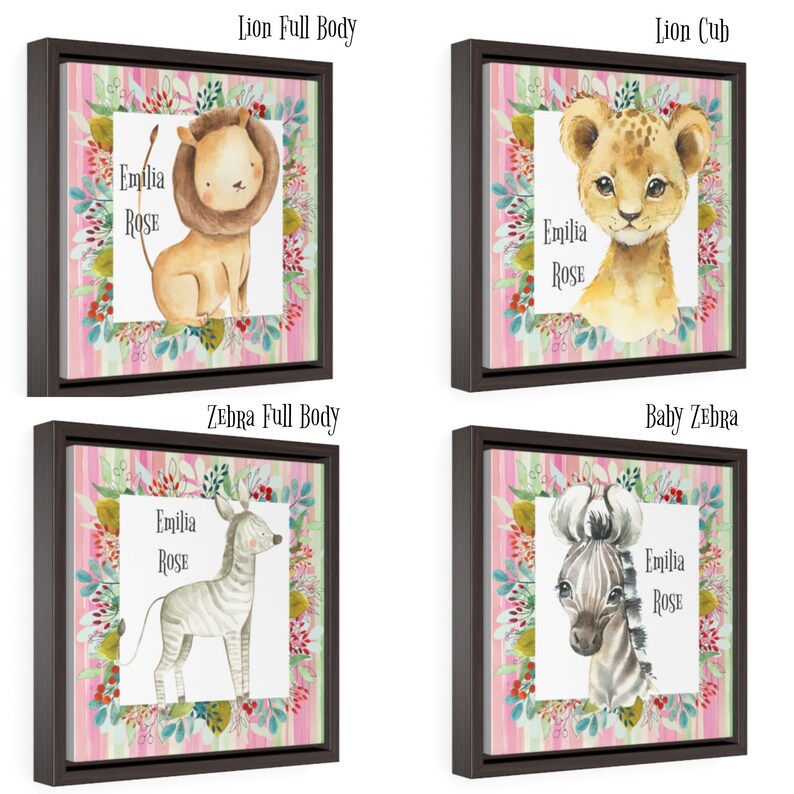 Giraffe Baby Shower Gift Lion Zebra Elephant Safari Animals Personalized Baby Girl Nursery Framed Canvas Art Print Hippo Daughter
