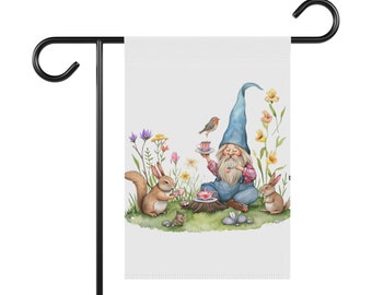 Gnome having Tea in the Garden with Birds and Bunnies Garden & House Banner, Garden Flag