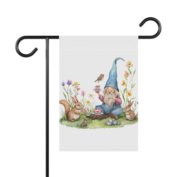 Gnome having Tea in the Garden with Birds and Bunnies Garden & House Banner, Garden Flag