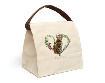 Bengal Cat Canvas Lunch Bag With Strap, Reusable Lunch Sack