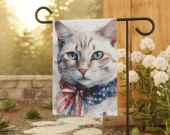 Patriotic Cat July 4th Memorial Day American Flag Garden & House Banner