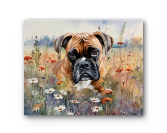 Boxer Dog Floral Field Premium Stretched Canvas