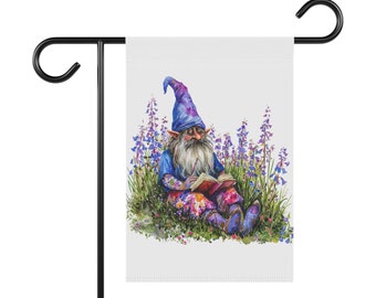 Gnome with Book and Salvia Garden & House Banner, Garden Flag