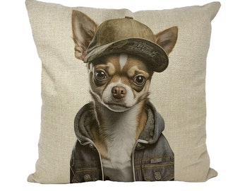 Funny Hipster Chihuahua Throw Pillow Cover