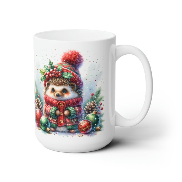 Christmas Hedgehog with Plaid Scarf and Sweater Ceramic Mug 15oz