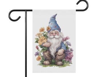 Gnome in Flower Garden & House Banner, Garden Flag