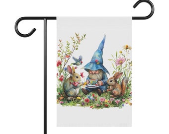 Gnome with Bunnies Garden & House Banner, Garden Flag