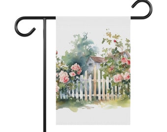 Cottage with Picket Fence and Rose Garden & House Banner