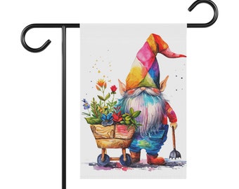 Gnome in Flower Garden House Banner, Garden Flag