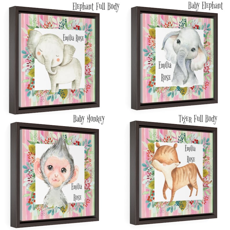Giraffe Baby Shower Gift Lion Zebra Elephant Safari Animals Personalized Baby Girl Nursery Framed Canvas Art Print Hippo Daughter