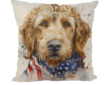 Patriotic Goldendoodle July 4th Memorial Day American Flag Throw Pillow Cover