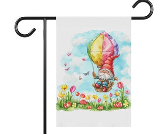 Gnome with Hot Air Balloon Garden & House Banner, Garden Flag