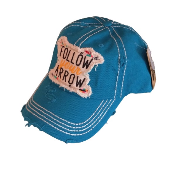 Follow Your Arrow Vintage Style Distressed Ladies Ball Cap-Aqua