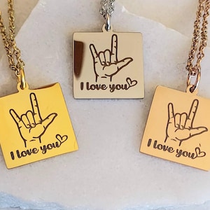 Laser Engraved ASL I Love You Charm Necklace: Stainless Steel Pendant