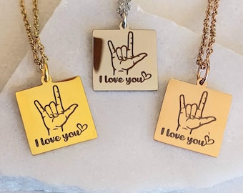 Laser Engraved ASL I Love You Charm Necklace: Stainless Steel Pendant