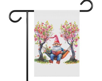 Gnome with Book and Hammock Garden & House Banner, Garden Flag