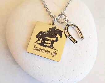 Equestrian Life Horse Lover Rider Charm Silver Necklace Laser Engraved Horseshoe Charm