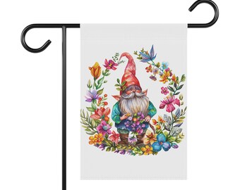 Gnome with Flowers Garden & House Banner, Garden Flag