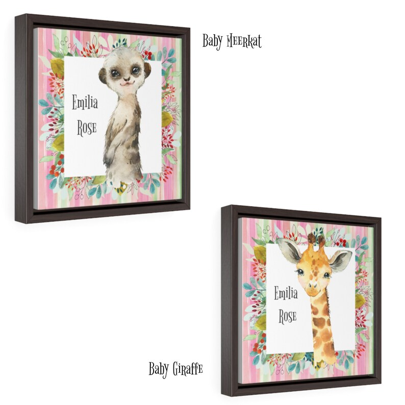 Giraffe Baby Shower Gift Lion Zebra Elephant Safari Animals Personalized Baby Girl Nursery Framed Canvas Art Print Hippo Daughter