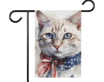 Patriotic Cat July 4th Memorial Day American Flag Garden & House Banner, Garden Flag