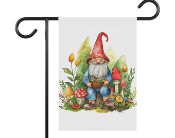 Gnome with Mushrooms Garden & House Banner, Garden Flag