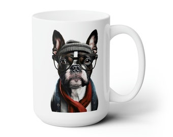 Lustiger Hipster Hund Boston Terrier Keramiktasse 15oz