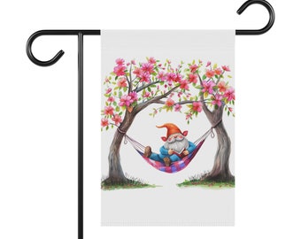 Gnome Reading a Book in Hammock Garden & House Banner, Garden Flag