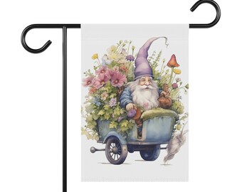 Gnome in Flower Cart Garden & House Banner, Garden Flag