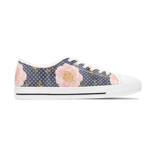 Pink Flowers on Blue Women's Low Top Sneakers