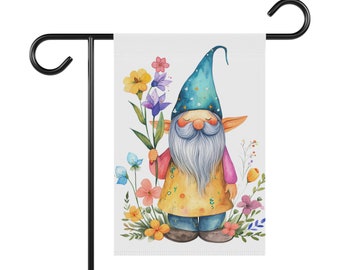 Gnome with Floral Bouquet Garden & House Banner, Garden Flag