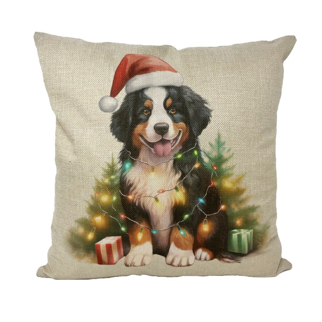 DIY Latch Hook Kit - Christmas Bernese Mountain Dog Pillow, 43x43cm, Includes Pre-Printed Cover, Yarn & Hook