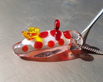 White Stripe and Red Dot Glass Sea Slug Necklace (small), handmade lampworked glass nudibranch animal pendant
