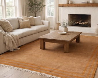 Orange moroccan wool rug - Minimalist design with framed border - Handmade berber carpet - Vintage area rug - Morocco rug - Custom size rug