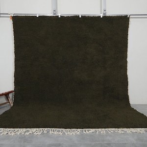 May include: A dark green shag rug with a white fringe border. The rug is hanging from a metal rod.
