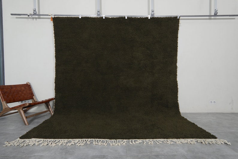 May include: A dark green shag rug with a white fringe border. The rug is hanging from a metal rod.