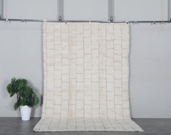 Cream Moroccan shag rug 6.1x9.5 ft - Handmade wool Berber carpet with raised grid details - Plush area rug