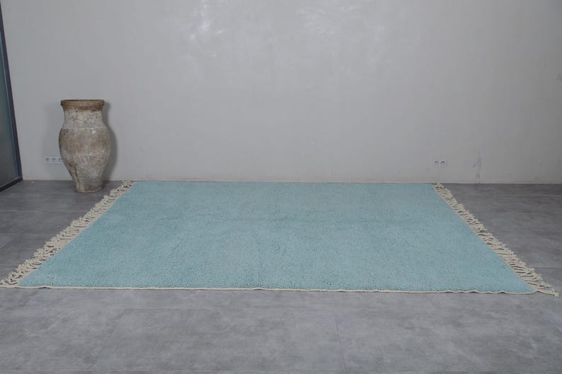May include: A light blue rug with a white fringe border. The rug is laid out on a gray concrete floor.