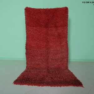 May include: A red shag rug with a long, narrow shape. The rug is approximately 3.6 feet by 7.6 feet.