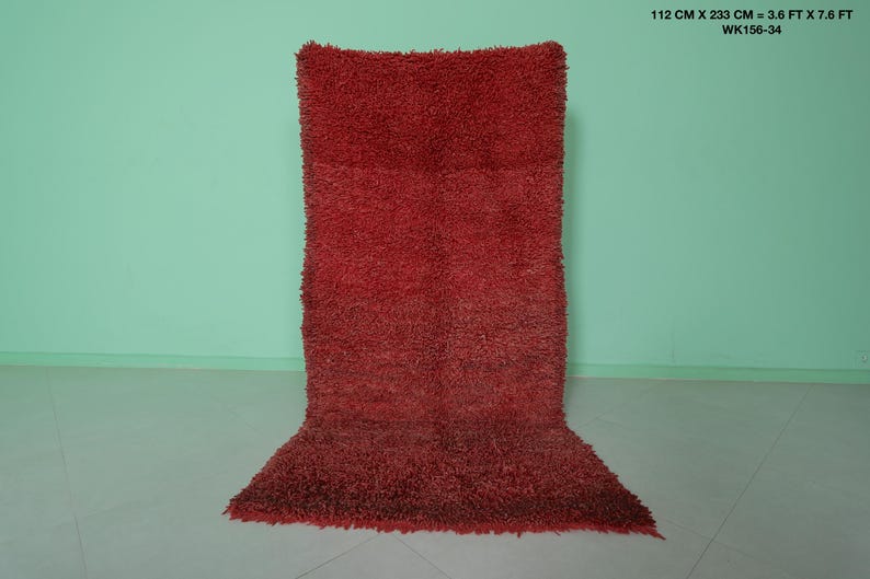 May include: A red shag rug with a long, narrow shape. The rug is approximately 3.6 feet by 7.6 feet.