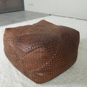 Moroccan leather pouf 20.4 x 21.2 x 12.9 inches braided design - Brown square pouf -Original leather pouf - Unstuffed pouf - Free shipping