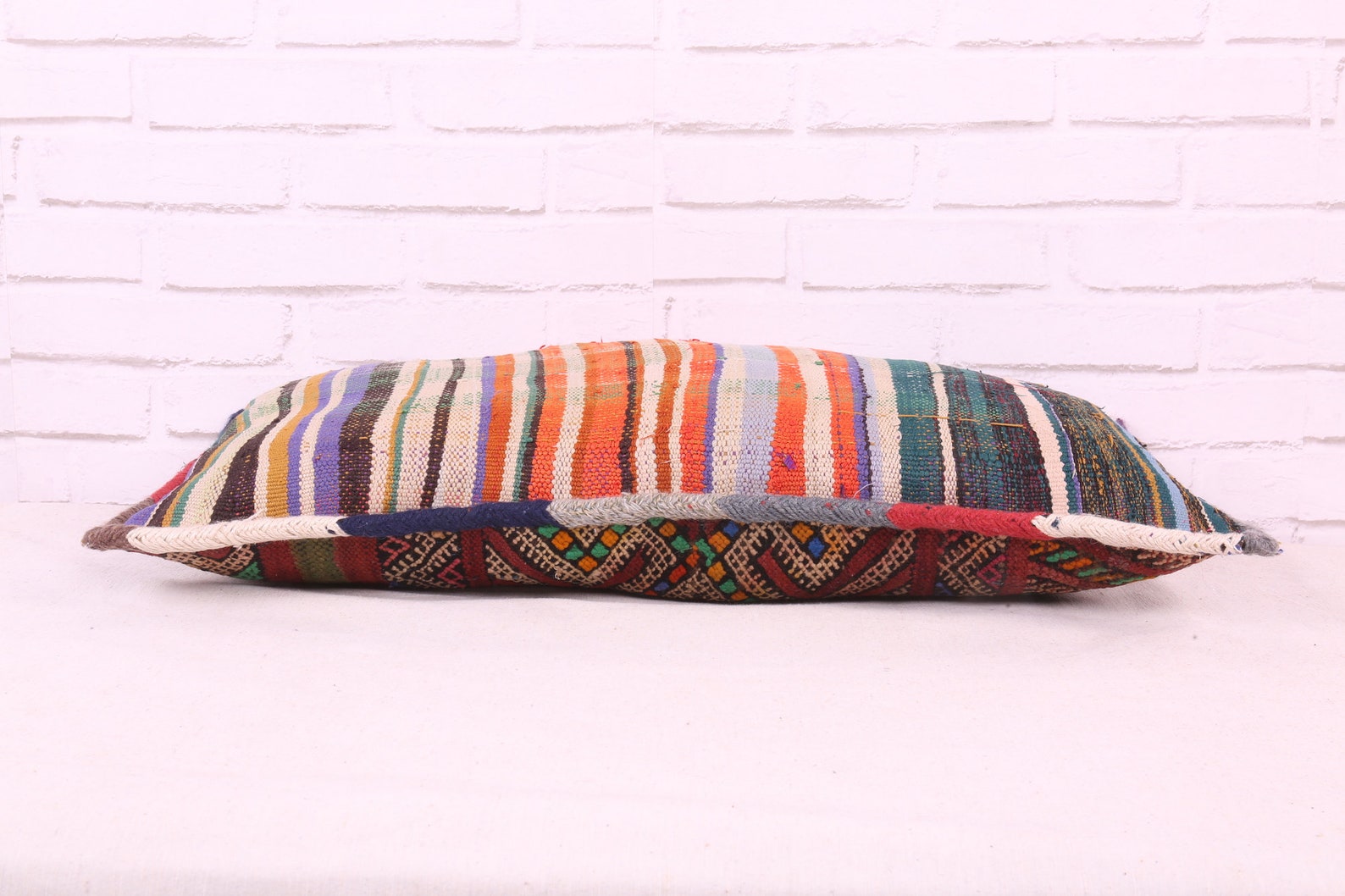 Handwoven Wool Pillow with Berber Diamond Motifs and Striped Reverse — view 2