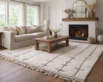 Beni Ourain Rug Hand Knotted, Custom Size Moroccan Rug, Beige Minimalist Wool Carpet, Plush Rug for Living Room, Boho Decor