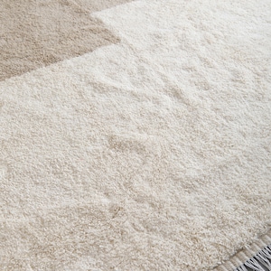 Puede incluir: Una alfombra de pelo beige y blanco con borde de flecos. La alfombra est&aacute; hecha de fibras suaves y esponjosas y tiene un sutil dise&ntilde;o de dos tonos.