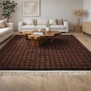 Tapis marocain marron - Tapis quadrillé - Tapis berbère fait main - Tapis sur mesure - Tapis de salon - Tapis en laine - Tapis minimaliste - Tapis quadrillé image 2