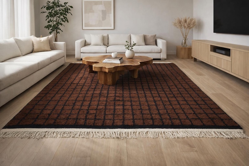 Tapis marocain marron - Tapis quadrillé - Tapis berbère fait main - Tapis sur mesure - Tapis de salon - Tapis en laine - Tapis minimaliste - Tapis quadrillé image 2