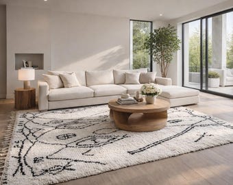 Ivory & black moroccan rug – Handmade wool berber rug – Beni ourain tribal geometric rug – Custom size available – Minimalist moroccan rug