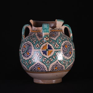 Glazed fes ceramic pot 7.8 inches w x 9 inches h - vintage pottery vase - moroccan vase - moroccan pottery